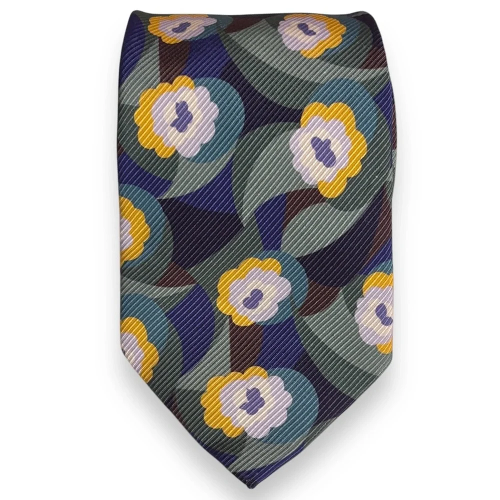 YSL Rive Gauche Purple Yellow Floral Ribbed Silk Tie